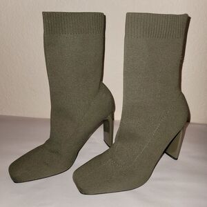 Zara Women's Olive Green Knitted Square Toe Sock Ankle Boots Block Heel Size 36